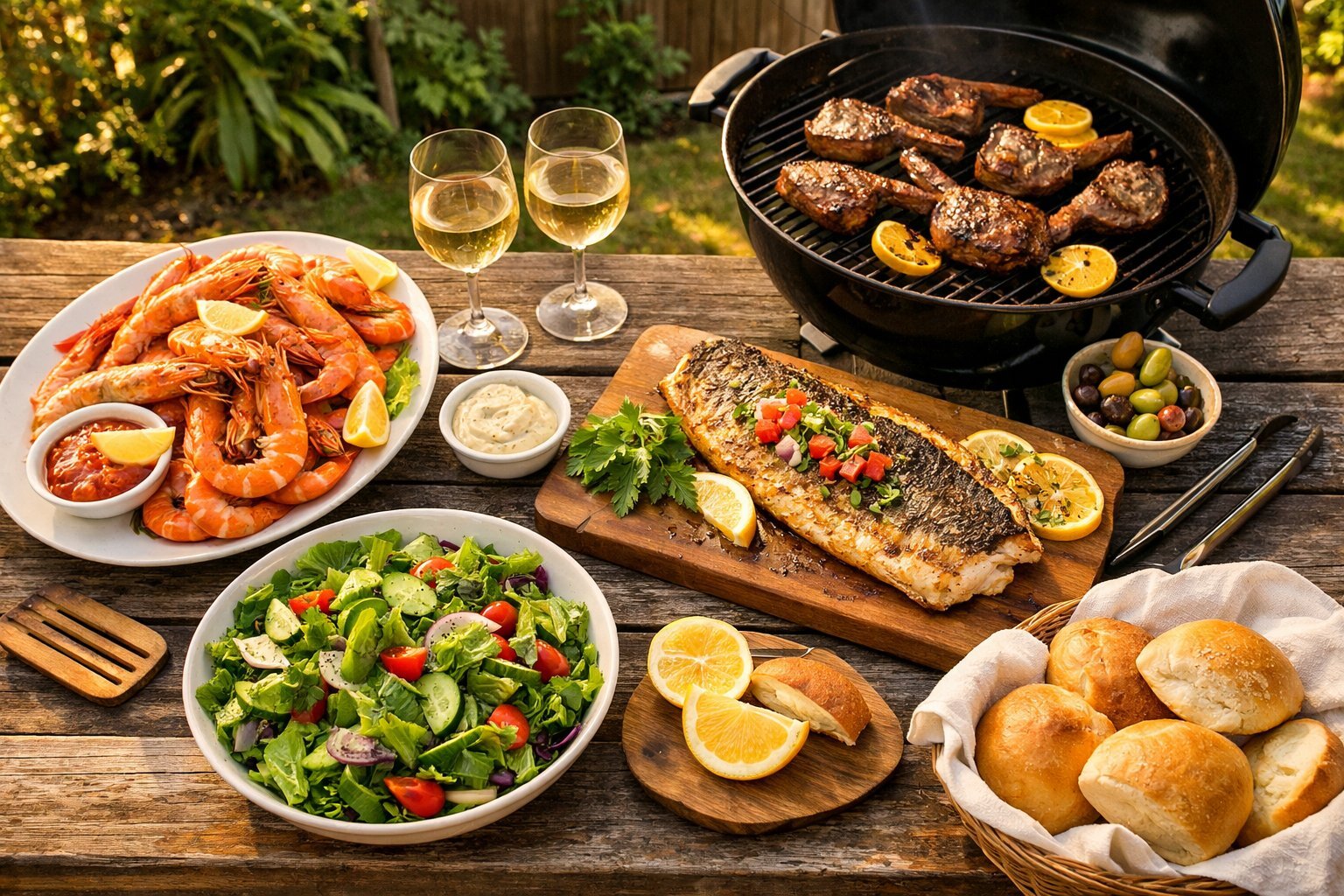 Australian barbecue spread with seafood and wine
