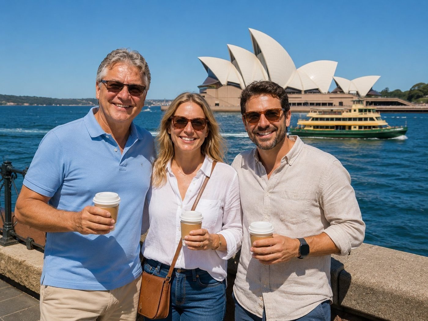Radim Kaufmann at the Sydney Opera House with two Australian friends, all holding takeaway coffee cups, the iconic white-shell sails of Jørn Utzon's 1973 masterpiece behind them and a Sydney ferry passing in the harbour