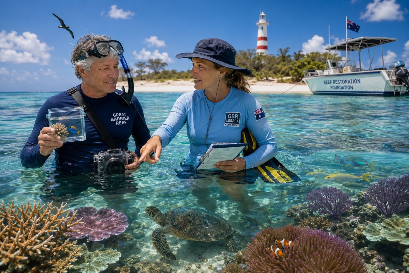 Radim Kaufmann waist-deep in the crystal-clear turquoise lagoon at Lady Elliot Island on the southern Great Barrier Reef off the Queensland coast in a navy GREAT BARRIER REEF rash guard with a snorkel mask pushed up onto his forehead holding a clear underwater specimen viewing-box containing brain coral and a blue-and-yellow damselfish and his DSLR in an underwater housing on a strap, beside Dr. Hannah Fraser an Australian marine biologist in her forties with sandy-blonde wet ponytail under a wide-brimmed sun hat in a sky-blue GBR LEGACY · MARINE SCIENCE rash guard with an Australian flag patch on her sleeve holding a waterproof clipboard and pointing into the reef explaining mid-survey, the shallows below the water surface showing orange Acropora staghorn coral, lavender plate corals, purple sea fans, a green sea turtle gliding on the sandy bottom, a school of yellow-tailed fusiliers, a parrotfish, and a clownfish couple sheltering in a magenta sea anemone, the 1873 Lady Elliot Island lighthouse with white tower and two red bands and the white-coral-sand beach behind, an anchored REEF RESTORATION FOUNDATION boat flying the Australian flag, a wedge-tailed shearwater seabird overhead, bright Queensland sun and deep cobalt sky