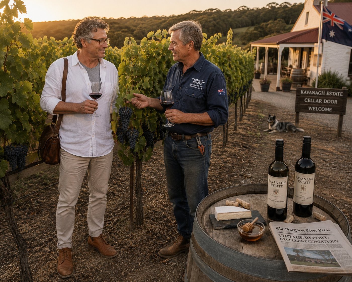 Radim Kaufmann standing in a row of mature trellised Cabernet Sauvignon vines at golden hour on a small family-owned vineyard in the Margaret River wine region of Western Australia in a crisp white linen shirt and cream chinos holding a Burgundy wineglass of deep ruby Cabernet beside Tom Kavanagh a 60-something Australian winemaker in a faded navy moleskin field shirt with the KAVANAGH ESTATE EST 1987 chest patch holding his own glass and gesturing toward a perfect cluster of dark-purple Cabernet grapes hanging from the vine between them, the whitewashed 1987 stone winery with rust-red tin roof and wide veranda behind, an Australian Kelpie sheepdog dozing by the cellar-door entrance, a hand-painted KAVANAGH ESTATE · CELLAR DOOR · WELCOME sign and an Australian flag on a wooden pole, a weathered timber barrel-end table with two open bottles Kavanagh Estate Cabernet 2018 and 2020 a slate cheese-board with Margaret River brie a small bowl of Karri honey and a folded copy of The Margaret River Press VINTAGE REPORT EXCELLENT CONDITIONS, Karri-Eucalypt forest ridgeline in the distance, soft golden-hour Western Australian light