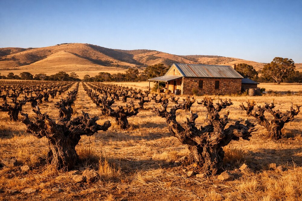 Ancient Barossa Valley old vine Shiraz with stone cottage
