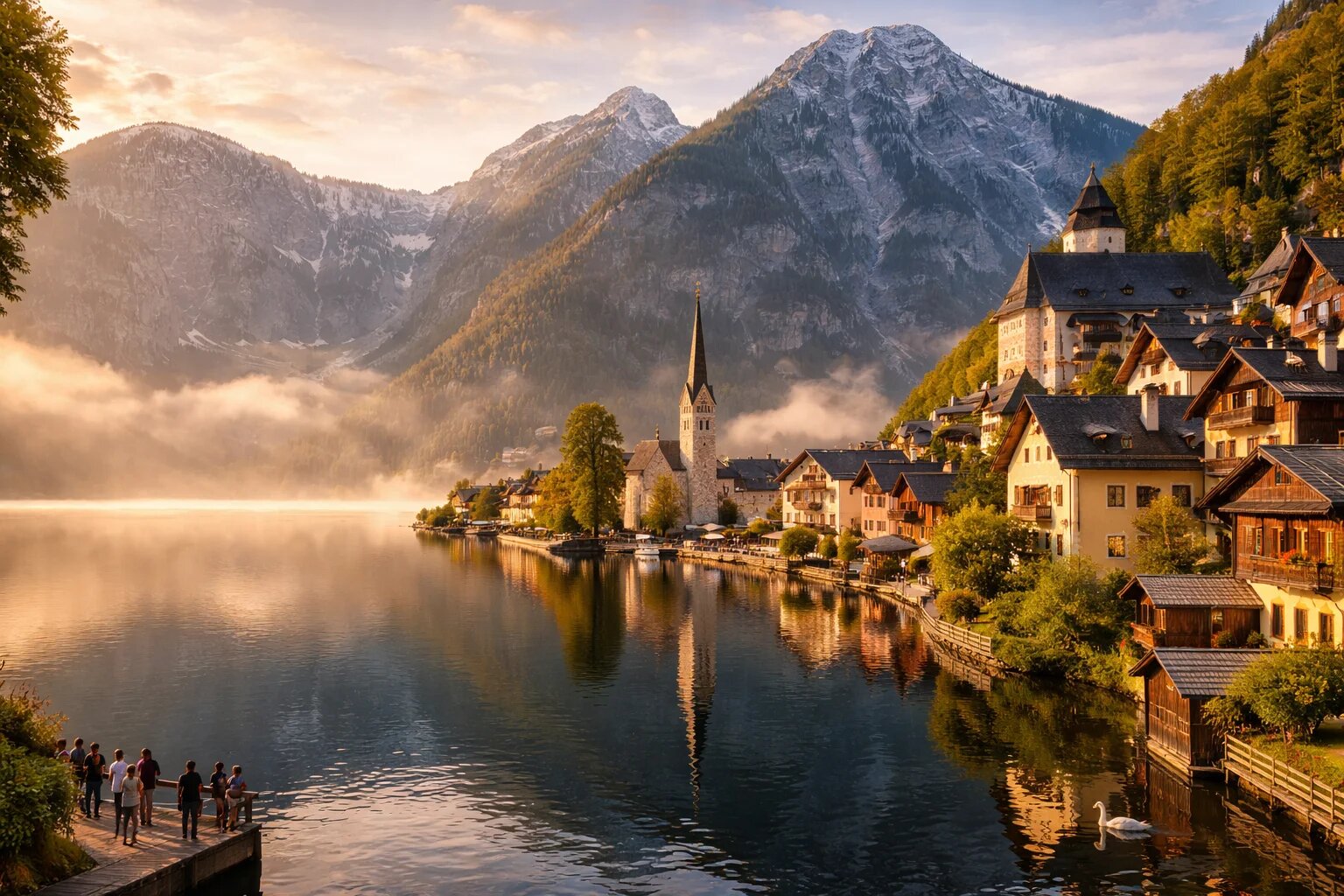 Hallstatt village reflected in its lake at sunrise, mountains behind