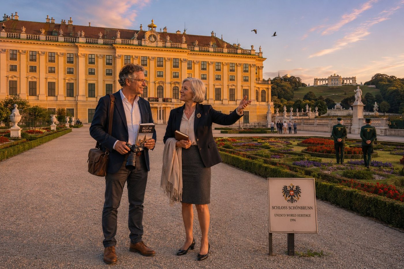 Radim Kaufmann on the formal gravel path at the centre of the Grand Parterre of Schloss Schönbrunn the Habsburg summer palace in Vienna Austria at golden hour in a navy wool blazer and white Oxford shirt with his brown leather camera bag and BEST OF VIENNA guidebook beside Dr. Friederike Hofmann a 60-something Viennese cultural historian with silver-grey bob in a navy blazer and cream silk blouse with a small Habsburg double-eagle enamel lapel pin gesturing toward the central balcony of the palace, the long horizontal Baroque facade in distinctive Schönbrunn yellow Maria-Theresien-Gelb with white architectural trim and the central pedimented gable bearing the Habsburg double-eagle crest bathed in late-September Viennese golden hour light, the formal French-Baroque parterre garden with low clipped boxwood scrollwork and red salvia and purple petunias and marble urns on plinths surrounding them, the Gloriette colonnade monument silhouetted on the rise behind, an information panel SCHLOSS SCHÖNBRUNN UNESCO WORLD HERITAGE 1996 with the Habsburg double-eagle emblem, two Schönbrunn park staff in green uniforms walking the perimeter, two jackdaws wheeling above the central gable, cobalt sky transitioning to peach at horizon