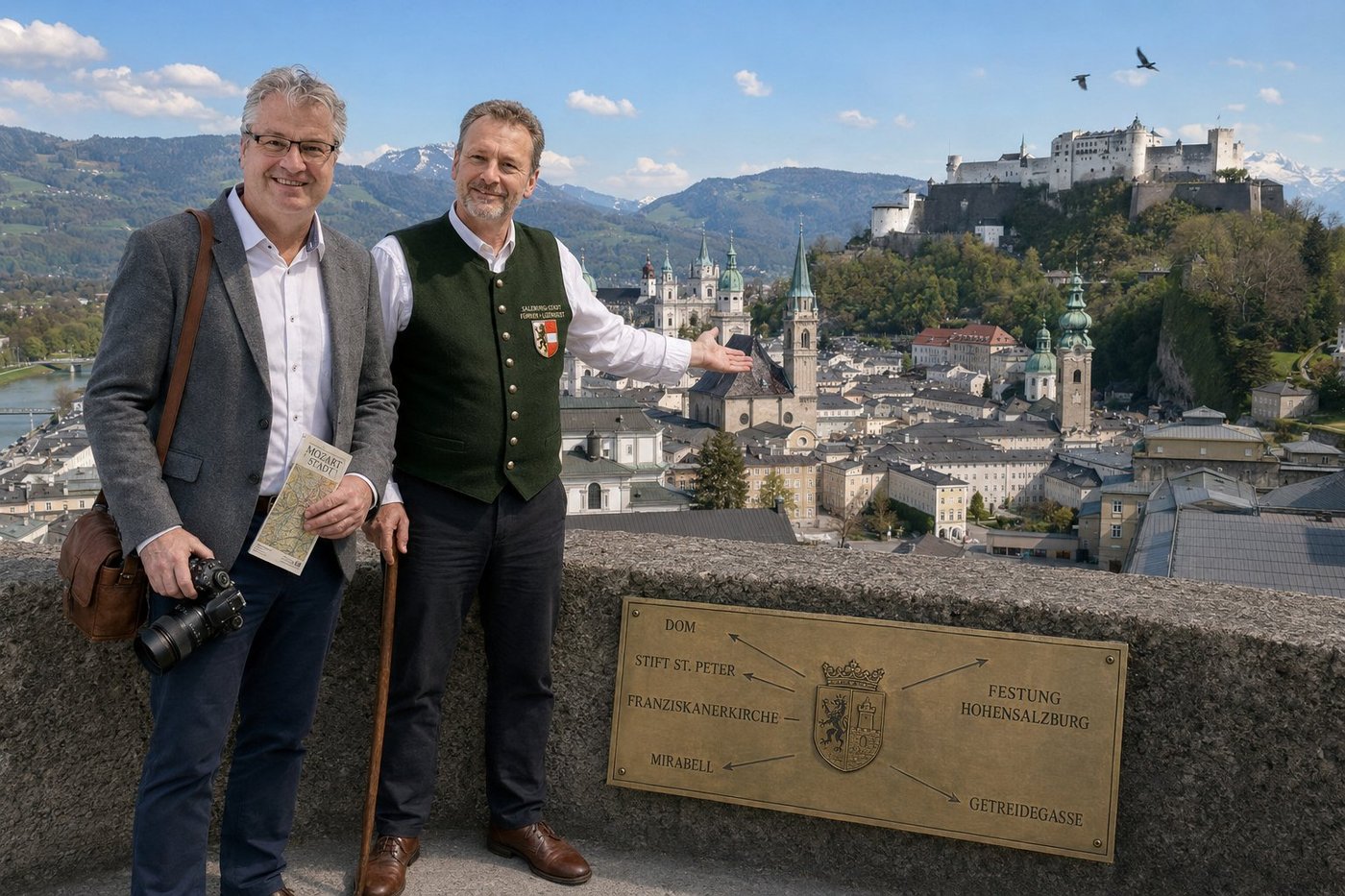 Radim Kaufmann on the stone parapet of the Mönchsberg viewpoint above the historic Old Town of Salzburg Austria at late morning in a charcoal-grey wool blazer holding a MOZART STADT pocket map and his DSLR beside Maximilian Berger a 50-something Salzburger licensed cultural guide in a loden-green Trachten waistcoat with silver buttons and a SALZBURG-STADT FÜHRER · LIZENZIERT chest patch bearing the Salzburg coat of arms holding a wooden walking-stick and gesturing toward the cluster of baroque domes and spires below, the panoramic view of the UNESCO Salzburg Altstadt with the green copper domes of Salzburg Cathedral 1614 and the slim spires of the Franziskanerkirche and Stiftskirche St. Peter and the terracotta rooftops, the massive Festung Hohensalzburg fortress 1077 the largest fully preserved medieval castle in central Europe on its rocky bluff at the opposite end of the old town, the Salzach river curving in pale jade-green, the snow-capped Untersberg massif on the distant western horizon, a brass viewpoint orientation plaque on the parapet engraved DOM · STIFT ST. PETER · FRANZISKANERKIRCHE · MIRABELL · FESTUNG HOHENSALZBURG · GETREIDEGASSE with the Salzburg coat of arms, two jackdaws wheeling above the cathedral domes, deep cobalt sky with high cumulus