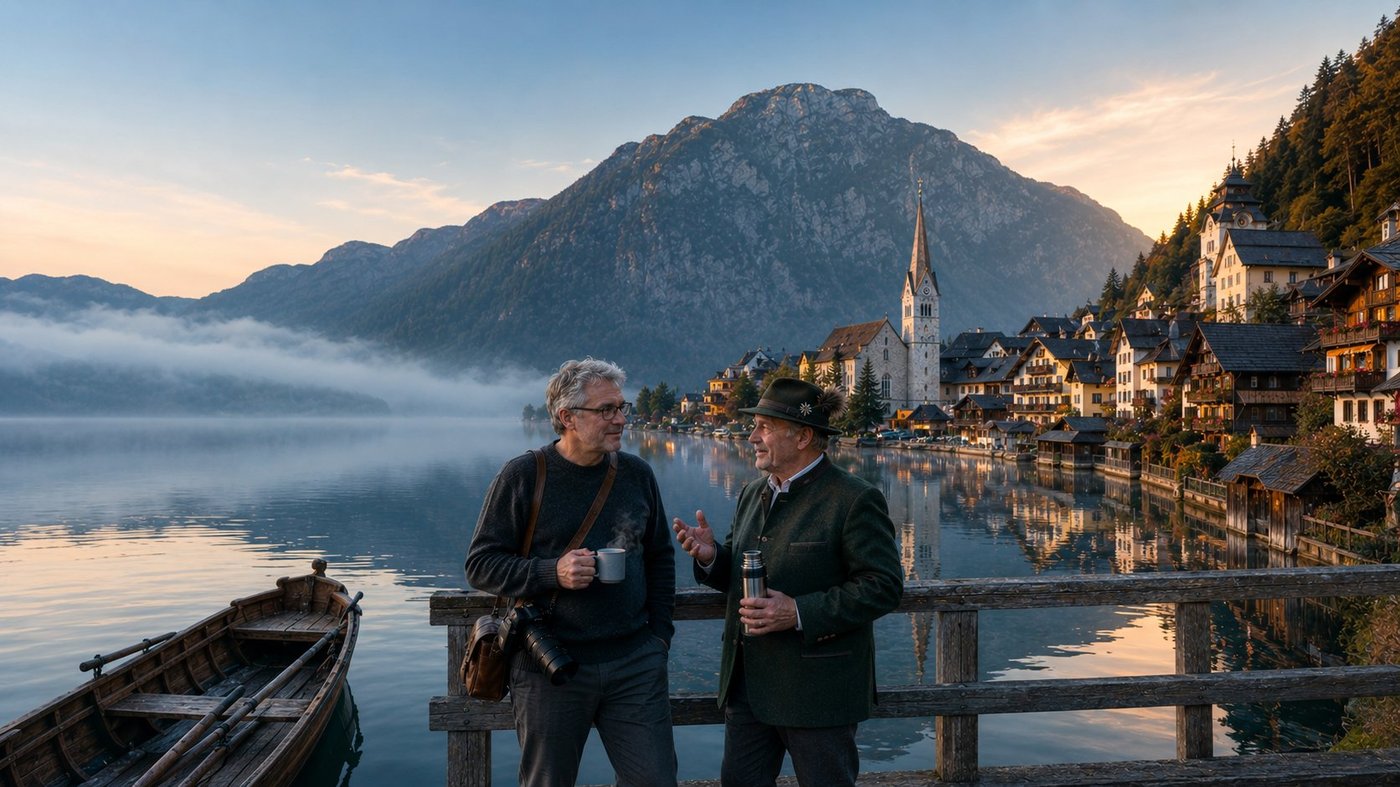 Hallstatt at six AM in October — lakeside waterfront in mist with Lukas Pömer, ninth-generation salt-miner. Traditional wooden Plätte boat, Maria am Berg church spire, Dachstein massif behind. The village that named the European Iron Age.