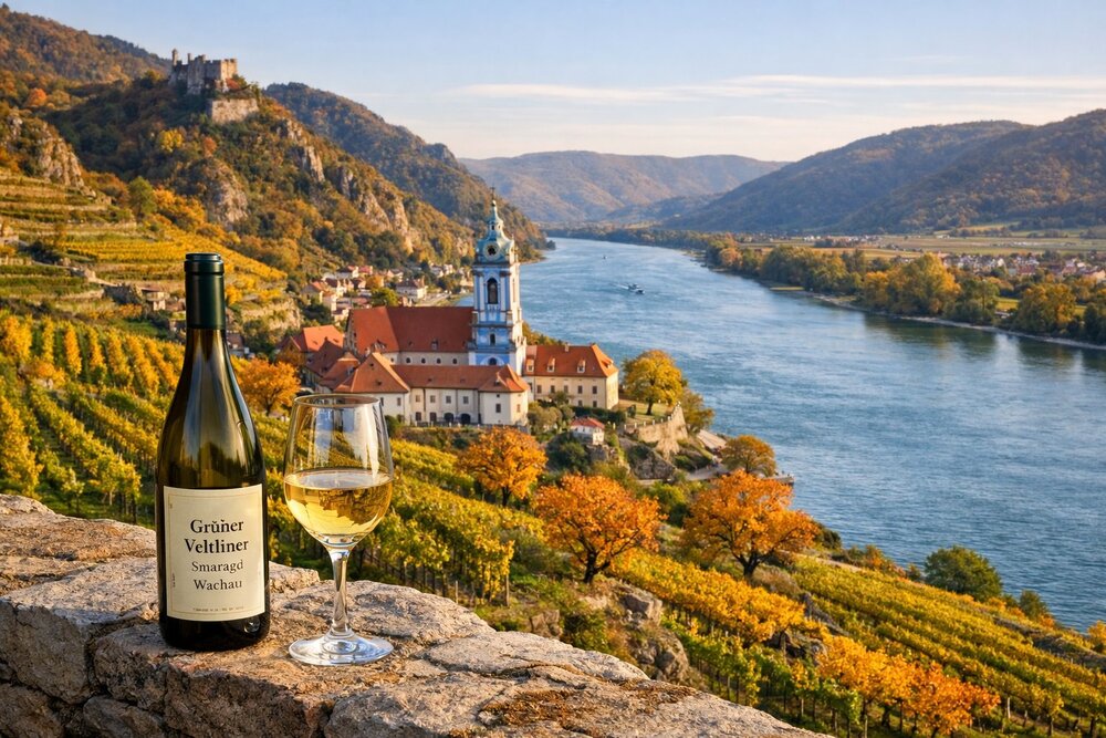 Wachau terraced vineyards with Dürnstein and Danube