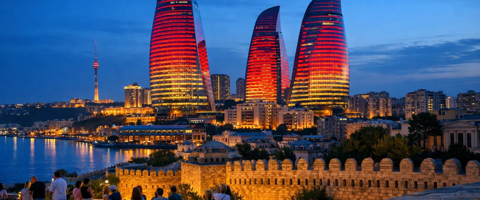 Flame Towers and Old City in Baku at night