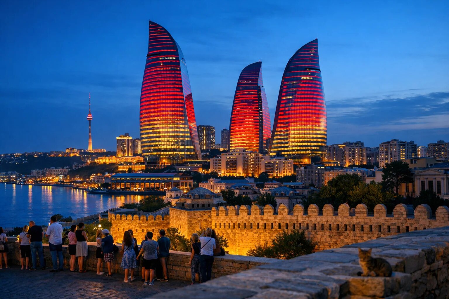 Baku Flame Towers at night above the Old City walls