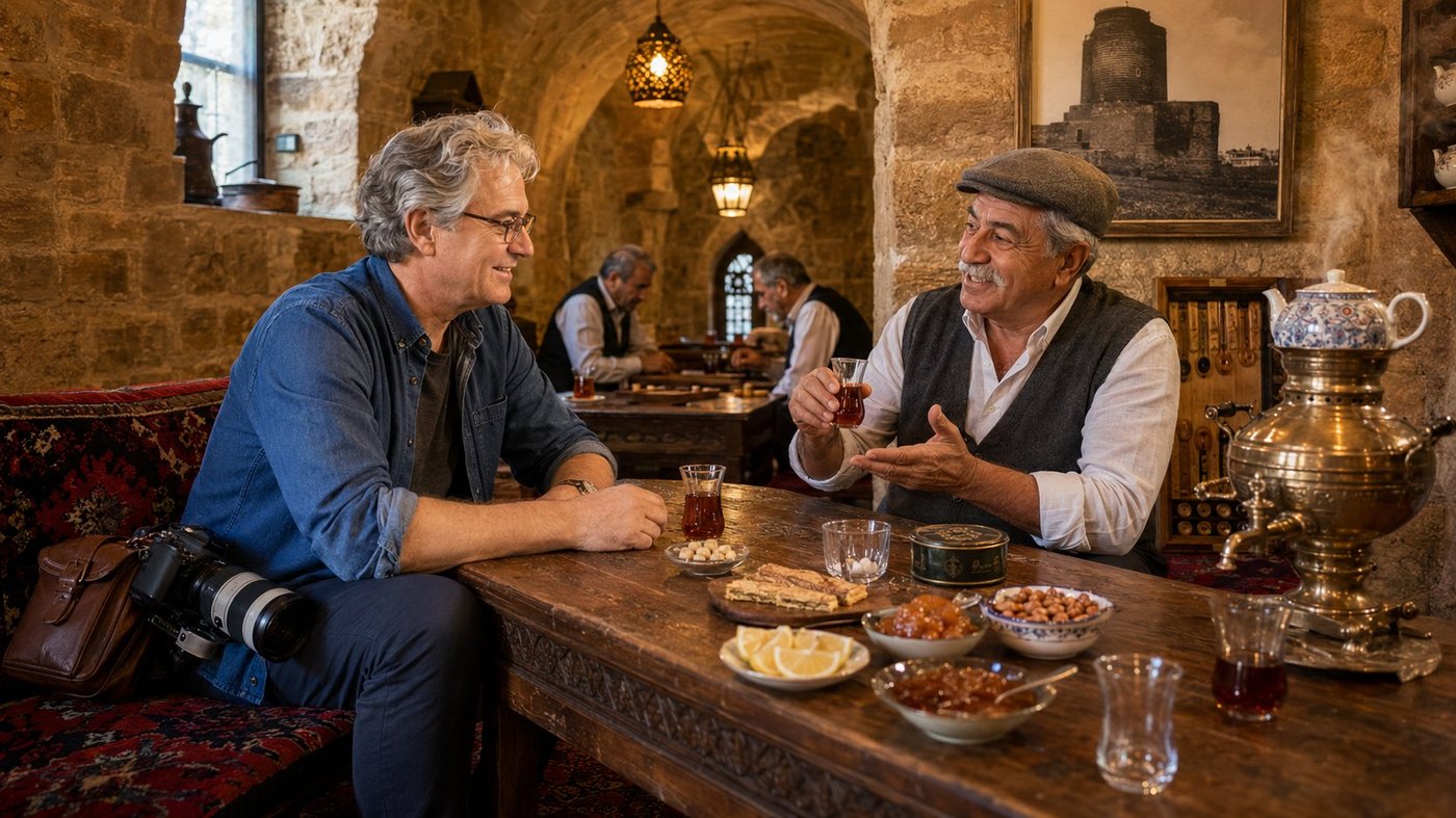 A traditional Azerbaijani cay evi (tea house) in a stone-vaulted ground-floor room of the Icherisheher Old City in Baku in the slow afternoon hours, Radim Kaufmann in a faded indigo denim shirt sitting across a low carved wooden table from Rauf Quliyev, a retired Azerbaijani newspaper reporter in his early sixties in a grey wool flat cap and charcoal waistcoat over a white shirt with a neatly trimmed white moustache, holding his armudu pear-shaped tea glass correctly between thumb and forefinger by its narrow waist, a large ornate brass samovar with a blue-and-white porcelain teapot on its warming crown steaming gently at the right end of the table, the table covered with armudu glasses of amber tea and small porcelain bowls of homemade quince and walnut preserves and lemon wedges and roasted hazelnuts and sweet pastries, a framed black-and-white photograph of the Maiden Tower on the warm honey-coloured limestone wall behind, two pendant brass lanterns casting warm patterned light, two older men playing nard backgammon in the soft golden bokeh of a vaulted archway behind, a deep crimson Karabakh kilim cushion and runner, a small high arched window letting in cool indirect daylight from the left.