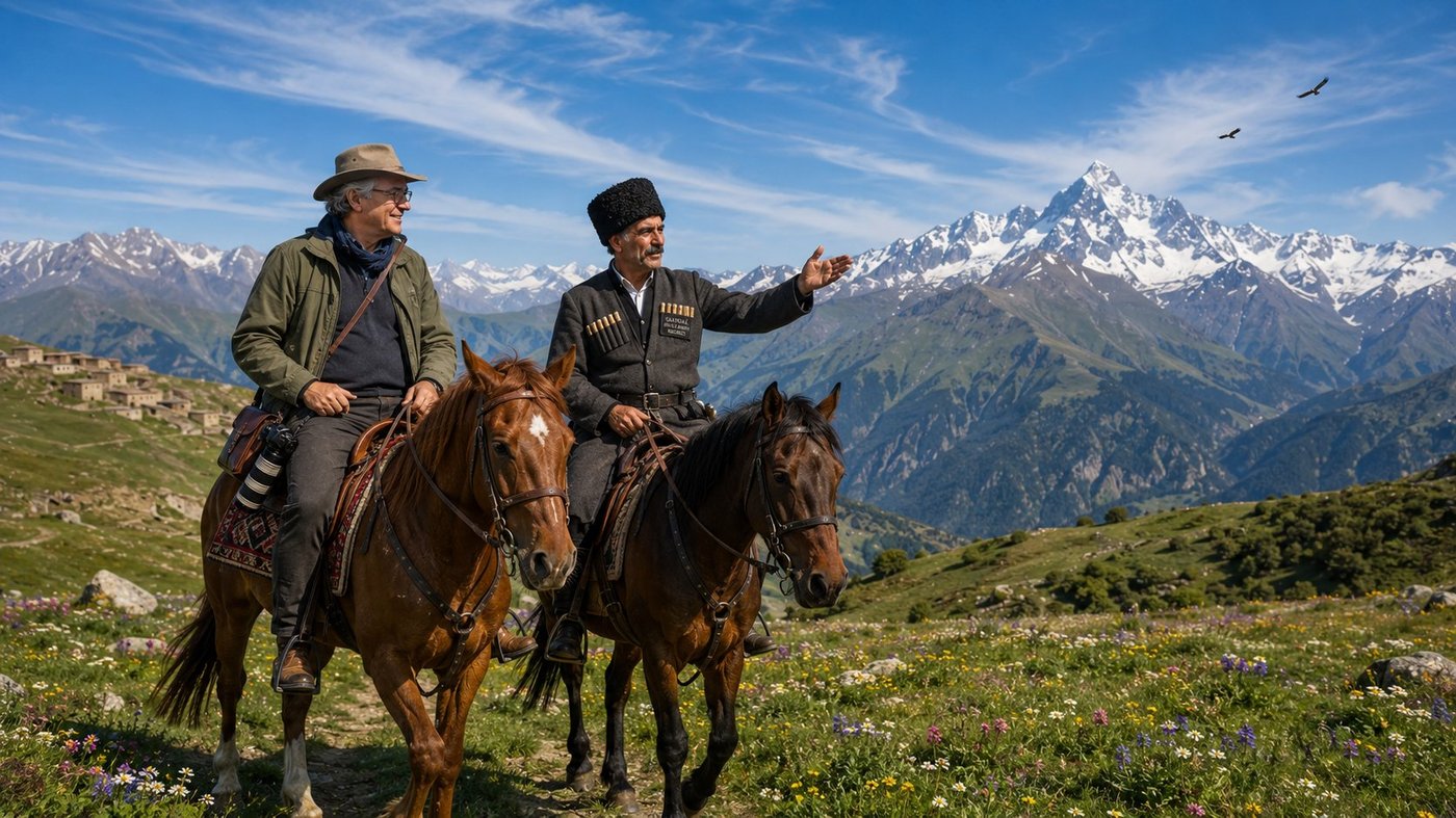 Radim Kaufmann on horseback in a high alpine meadow of Sahdag National Park in the Greater Caucasus mountains of northern Azerbaijan at approximately 2,400 metres, mounted on a chestnut Karabakh horse with the breed's characteristic golden metallic sheen and a small white star and a traditional crimson-and-indigo Karabakh kilim saddle-blanket and tooled dark-brown leather working saddle, in an olive-green technical waterproof riding jacket and a light-tan canvas Akubra-style bush hat and brown leather camera bag worn cross-body with a 70-200mm telephoto lens, riding alongside Murad Alxasov, an Azerbaijani Caucasian highlander in his early fifties from the village of Xinaliq just visible behind in the fold of the ridge, in a tall traditional black sheepskin papaq fur hat and a long dark grey wool cuxa coat with vertical rows of decorative gazyr cartridge-loops across the chest, gesturing toward the distant shark-tooth summit of Mount Sahdag at 4,243 metres, the alpine meadow in full early-July bloom carpeted with yellow buttercup and white edelweiss and pale-blue forget-me-not and magenta alpine pink and deep-purple Caucasian gentian, layered snow-capped Caucasus ranges receding into atmospheric blue distance, two golden eagles soaring on a thermal high above the middle range against the deep cobalt sky.
