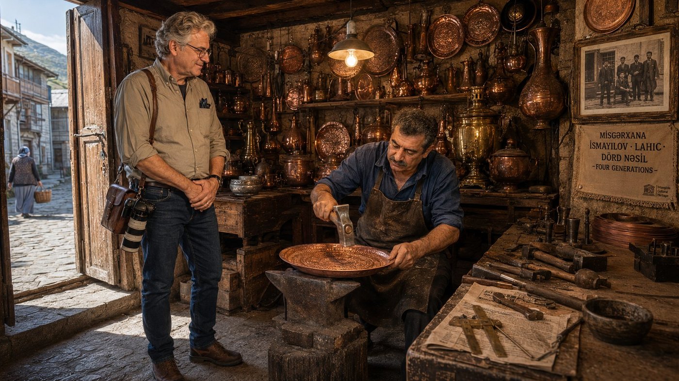In the ground-floor copper-working workshop of a fourth-generation Lahic master coppersmith in the medieval mountain village of Lahic in the Greater Caucasus foothills of Azerbaijan, Radim Kaufmann in a khaki cotton safari shirt standing in observation as Vuqar Ismayilov a coppersmith in his mid-fifties in a soft indigo work shirt and a dark waxed-canvas leather-trimmed work apron sits at a polished iron anvil hand-hammering a forty-centimetre copper tray with a long-handled steel coppersmith's hammer, the centre of the tray glowing pink-orange where the hammer has just struck, the entire back wall of the workshop densely hung with finished Lahic copperware including platters, samovars, ablution ewers, sherbet pots, water-jugs and bowls all polished to a warm rose-gold glow, a row of traditional hand-tools on a worn workbench, an old yellowed framed photograph of three previous generations of the family circa 1958 above the workbench beside a small embroidered banner reading MISGERXANA ISMAYILOV LAHIC DORD NESIL FOUR GENERATIONS with a discreet UNESCO Intangible Cultural Heritage logo, the tall open wooden double-door at the front of the workshop framing a slim glimpse of the steep cobblestoned main street of Lahic outside with old stone-built mountain houses and an elderly woman in a head-scarf walking past with a basket, mixed warm copper-reflected interior light and cool clear mountain daylight from the open door.