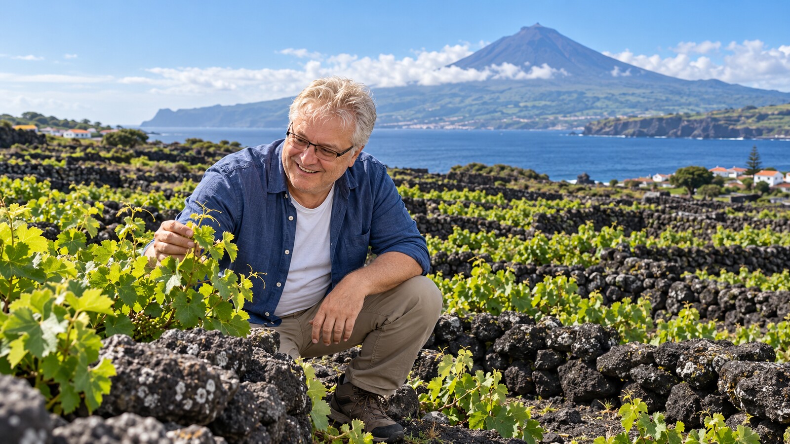 AI-generated editorial image of Radim Kaufmann among the basalt-walled vineyards of Pico Island