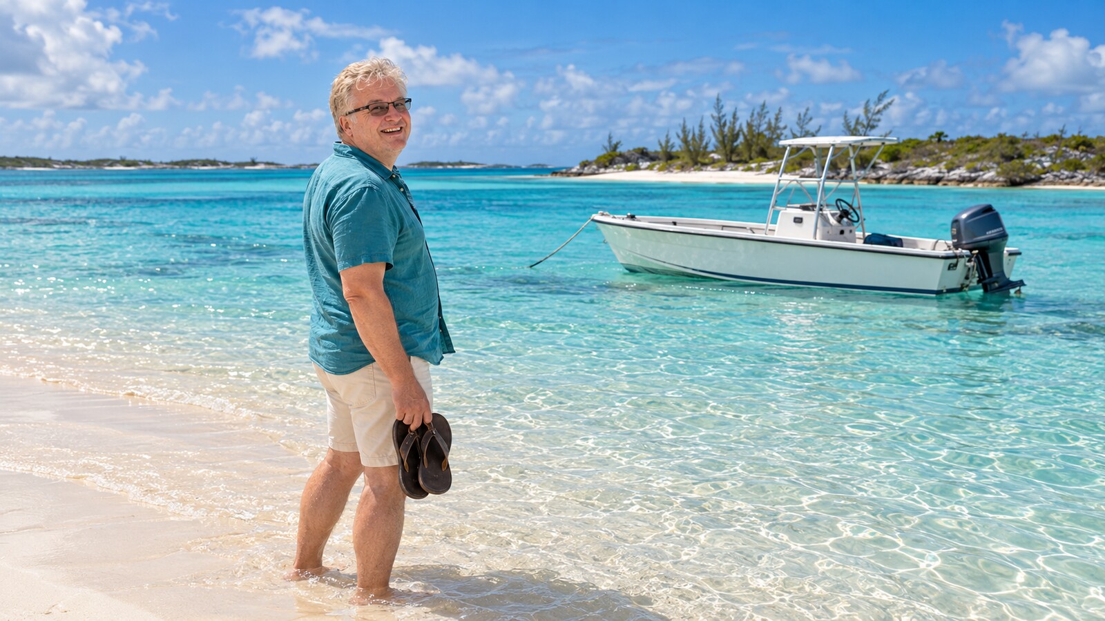Radim Kaufmann standing at the edge of a pale Exuma Cays sandbar beside a small skiff in clear turquoise water