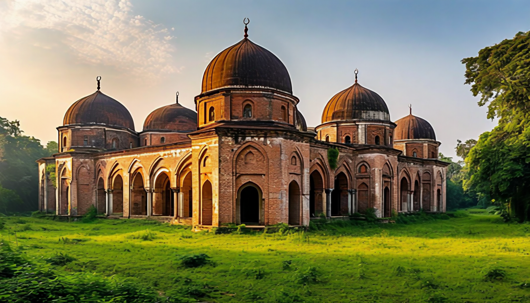 Bagerhat — the 15th-century Sixty Dome Mosque (Shait Gumbad), centerpiece of the UNESCO-listed Mosque City founded by the Sufi general Khan Jahan Ali. Actually 77 domes, despite the name.