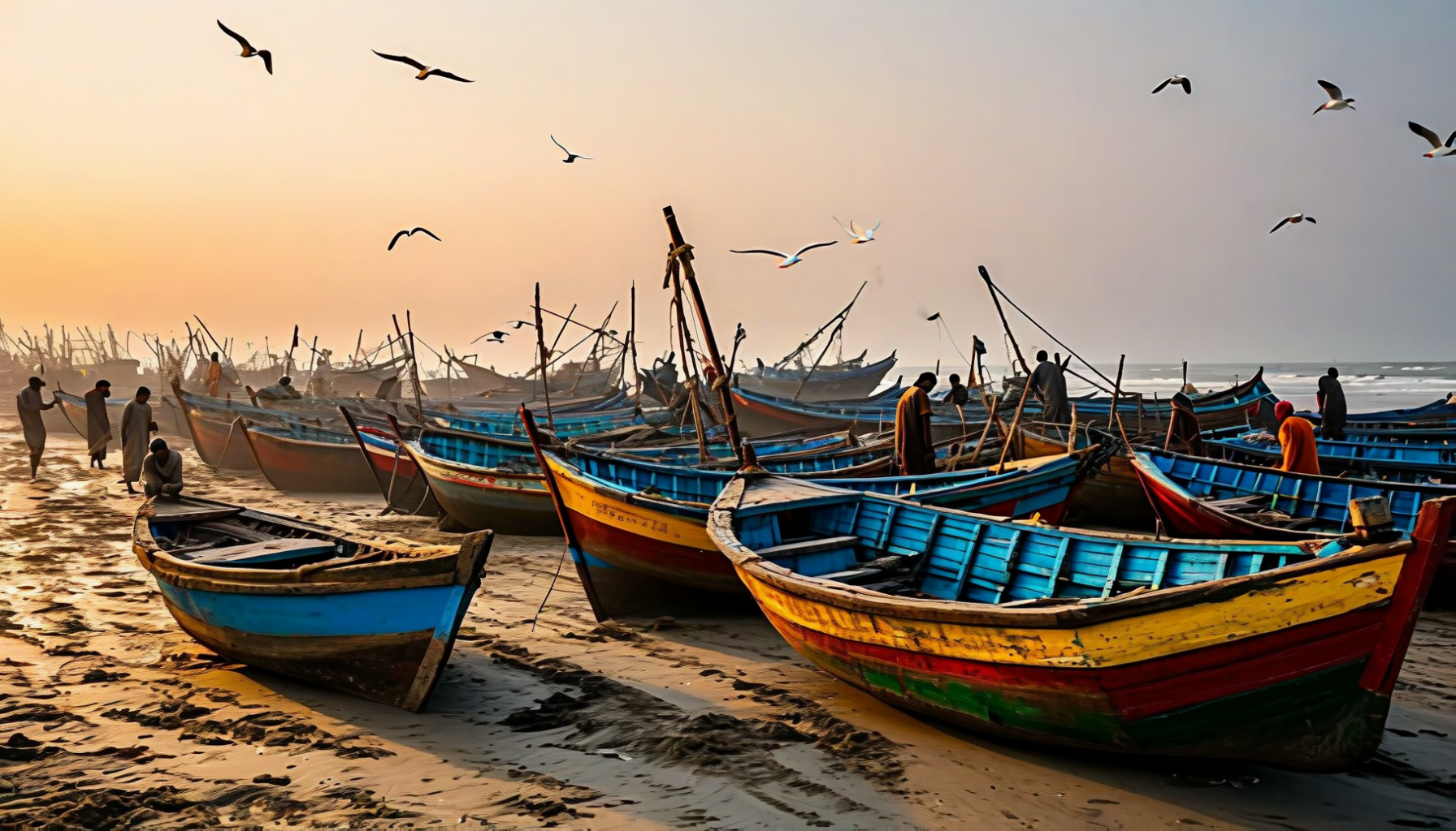 Cox's Bazar fishing harbour at dawn — hundreds of brightly painted wooden boats unload the night's catch. Walk down at sunrise, it's the most photogenic moment of the day.