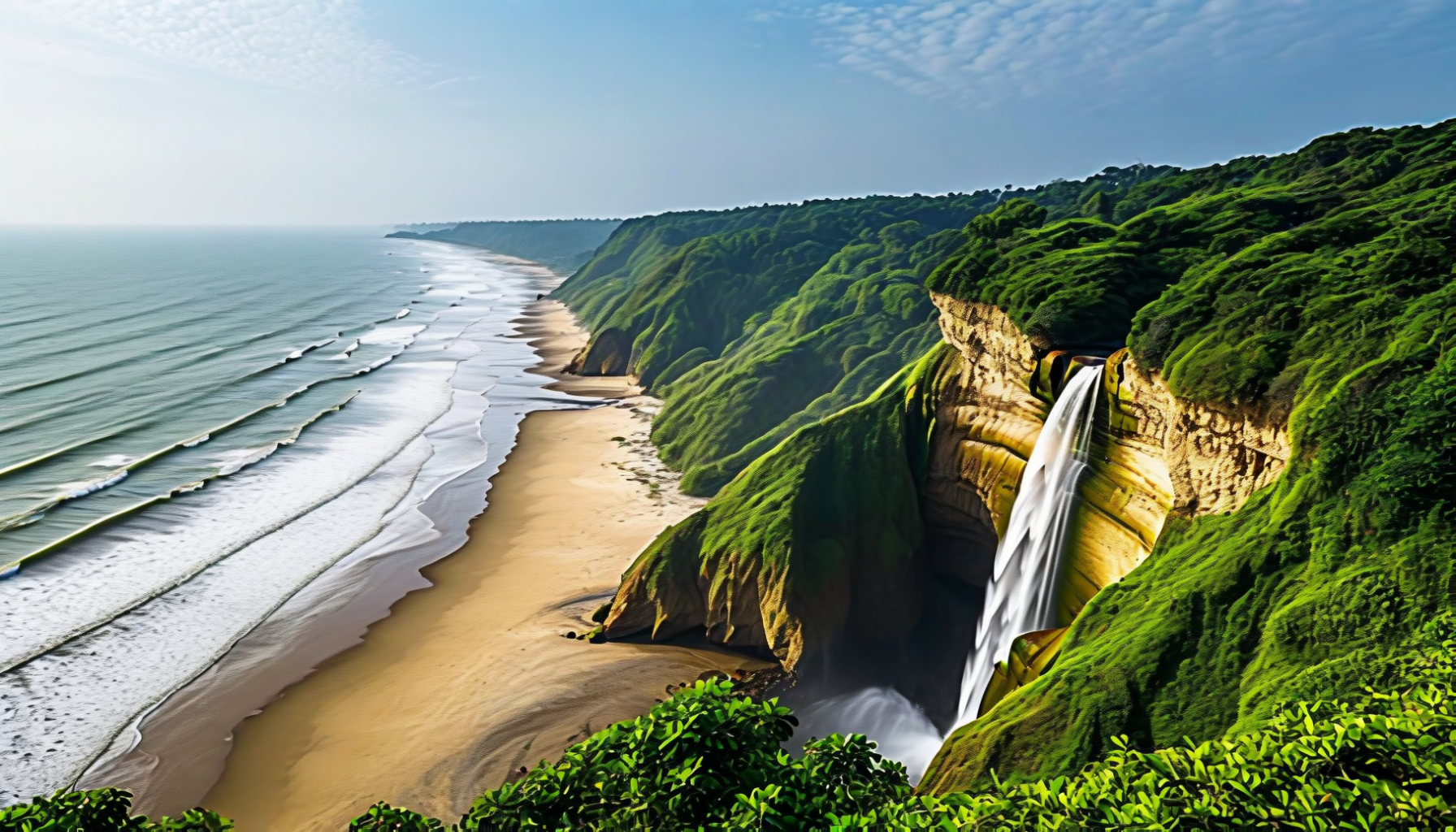 Himchari National Park — green hills tumbling straight into the Bay of Bengal, 8 km south of Cox's Bazar. The waterfall is at its best from July to October.