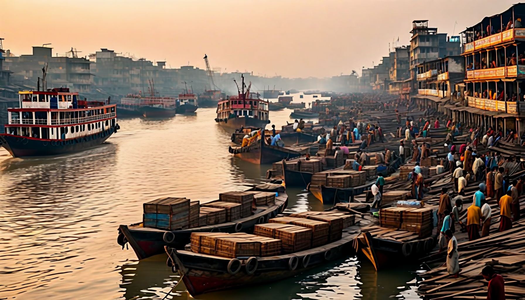 Sadarghat — the legendary river port on the Buriganga. Massive paddle steamers and wooden launches depart for the southern delta; arguably the most photogenic and overwhelming harbour in South Asia.