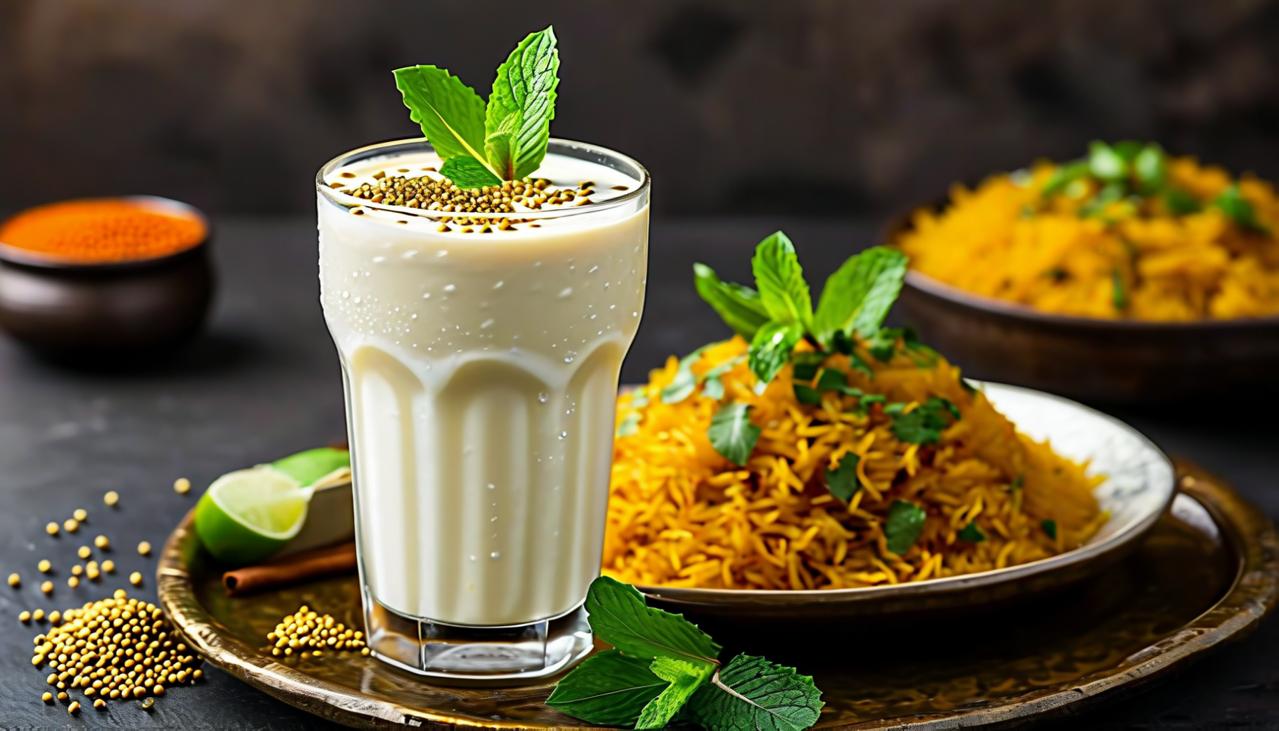 Borhani — kořeněný jogurtový nápoj s mátou, hořčičnými semínky a zeleným chilli. Povinná příloha ke každé bangladéšské svatbě a kacchi biriyani.