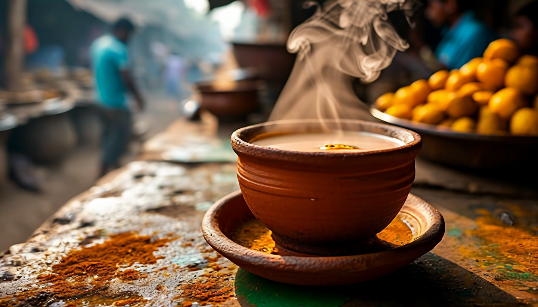 Doodh cha — hustý sladký mléčný čaj v hliněném kalíšku (bhar). Pohonná hmota celé země, prodává se za pár taka na každém rohu.