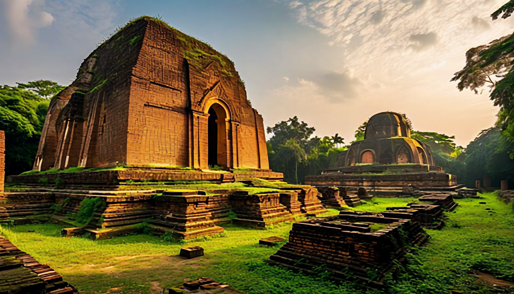 Paharpur — Somapura Mahavihara, the great 8th-century Buddhist monastery of the Pala dynasty. The cruciform stupa influenced Borobudur and the temples of Pagan.