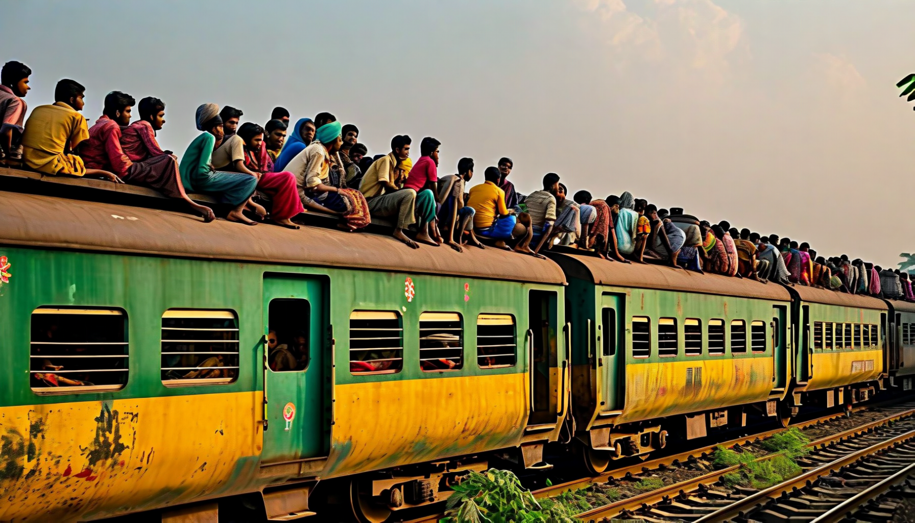 Přeplněné bangladéšské vlaky — během velkých svátků jako Eid se cestující shlukují i na střechách vagonů. Symbol země, kde 170 milionů lidí žije na ploše menší než Iowa.