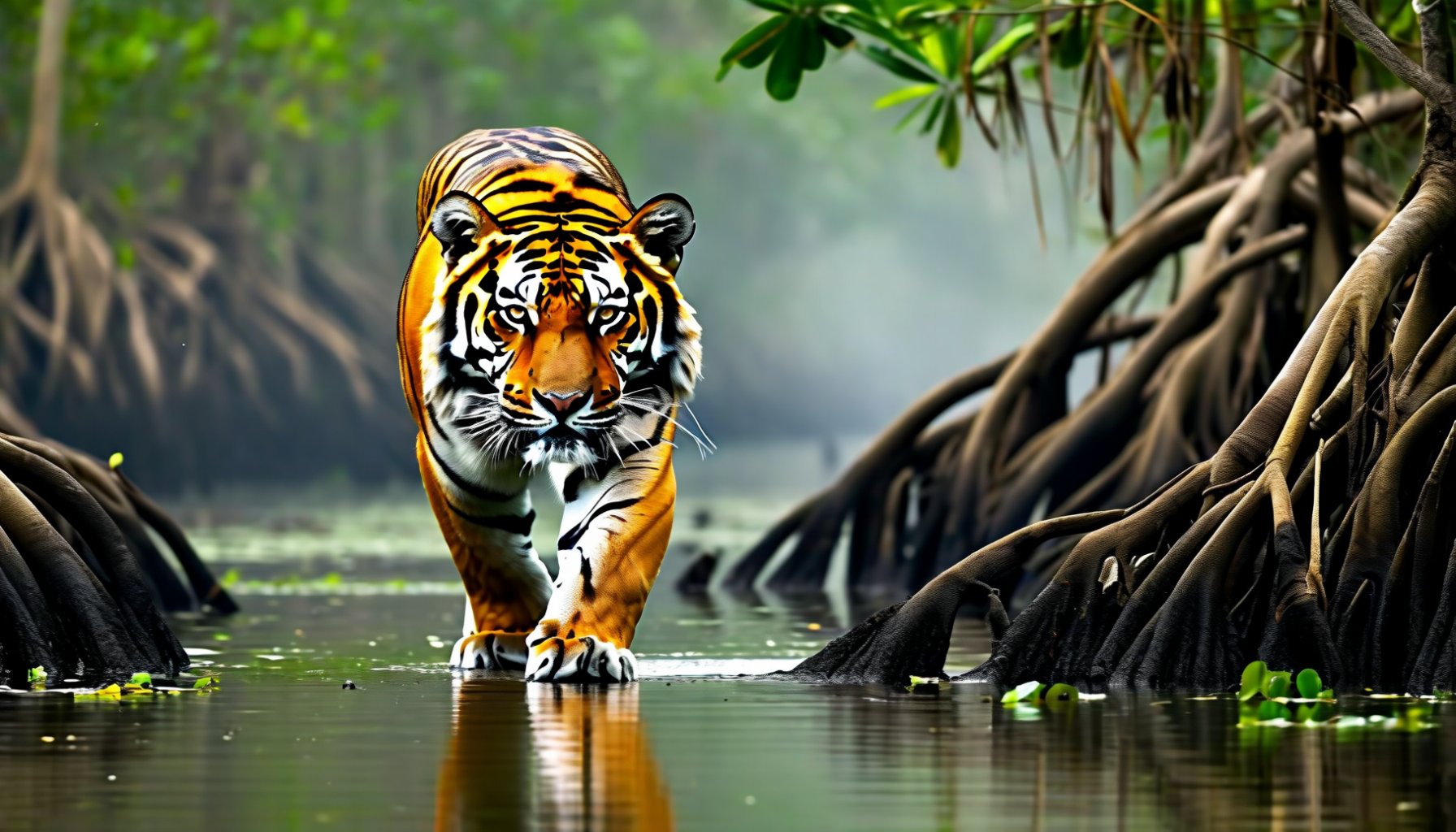 Sundarbans — the largest mangrove forest on Earth and the only one inhabited by tigers. A Royal Bengal tiger slips between the breathing roots of the Sundari trees at low tide.