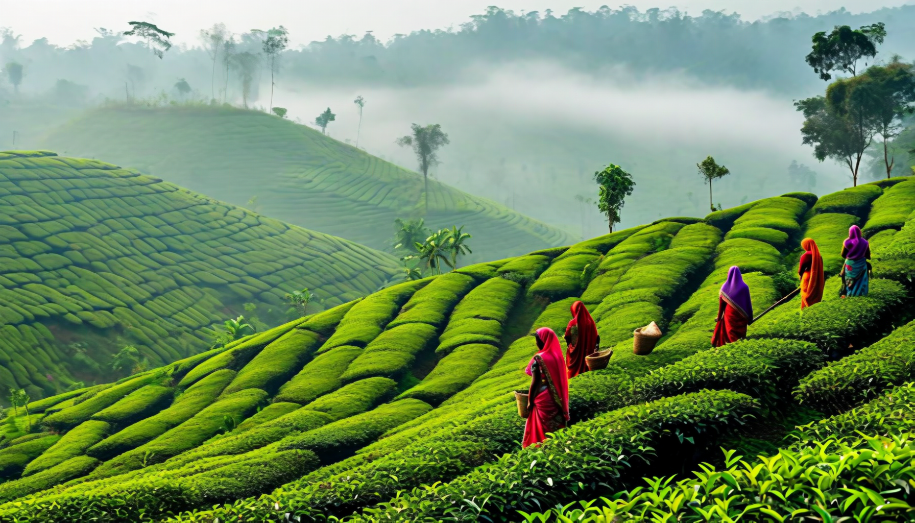 Sylhet & Sreemangal — endless rolling tea estates worked by Adivasi pickers, the cool green heart of Bangladesh's tea country. Try the famous '7-layer tea' in Sreemangal.