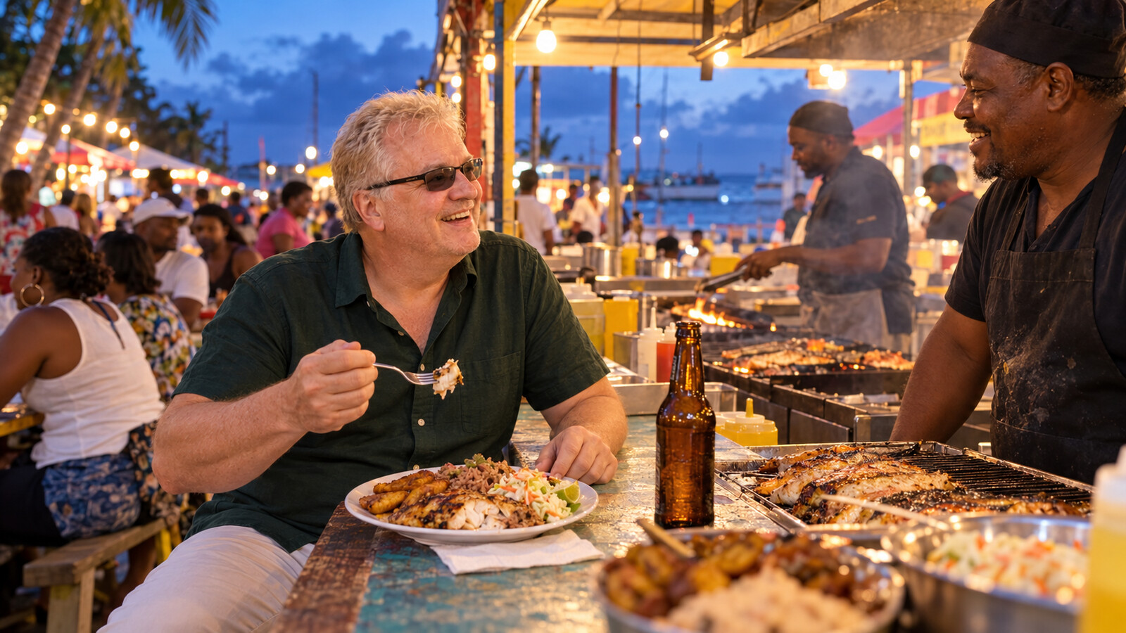 AI editorial illustration of Radim Kaufmann tasting grilled fish at the evening Oistins Fish Fry in Barbados