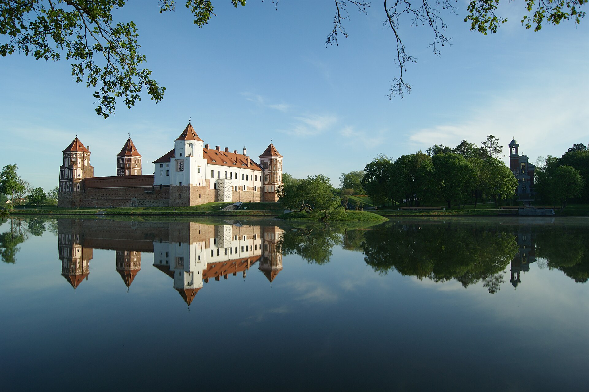 Mir Castle reflected in its lake, Belarus