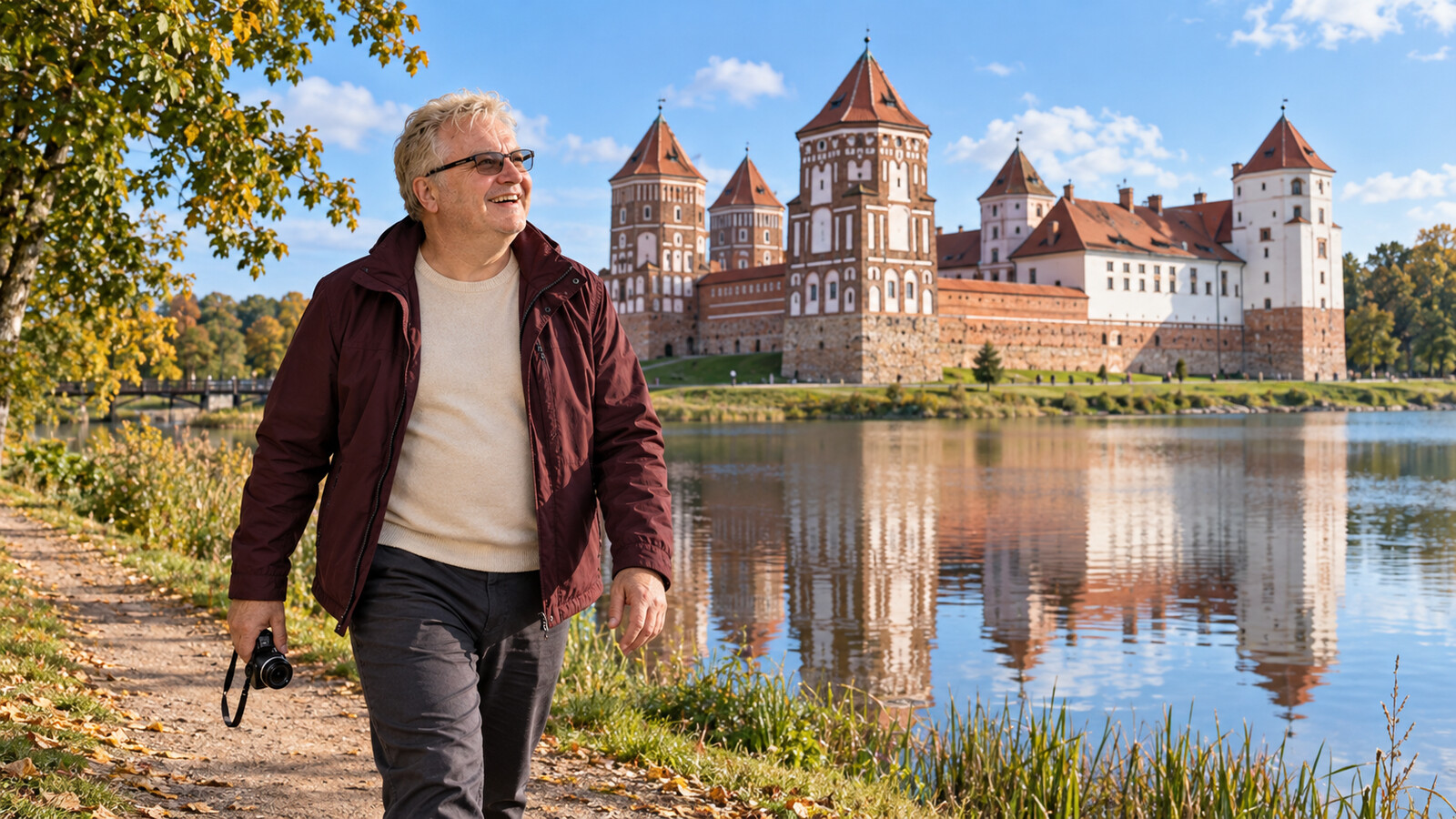AI editorial illustration of Radim Kaufmann walking beside the lake at Mir Castle in Belarus