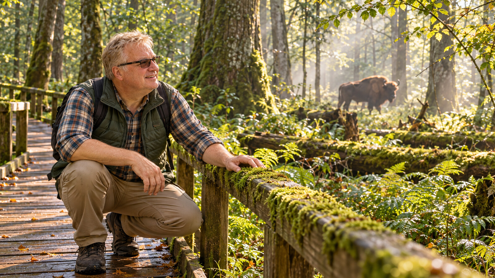 AI editorial illustration of Radim Kaufmann on a boardwalk in Białowieża Forest with a distant European bison