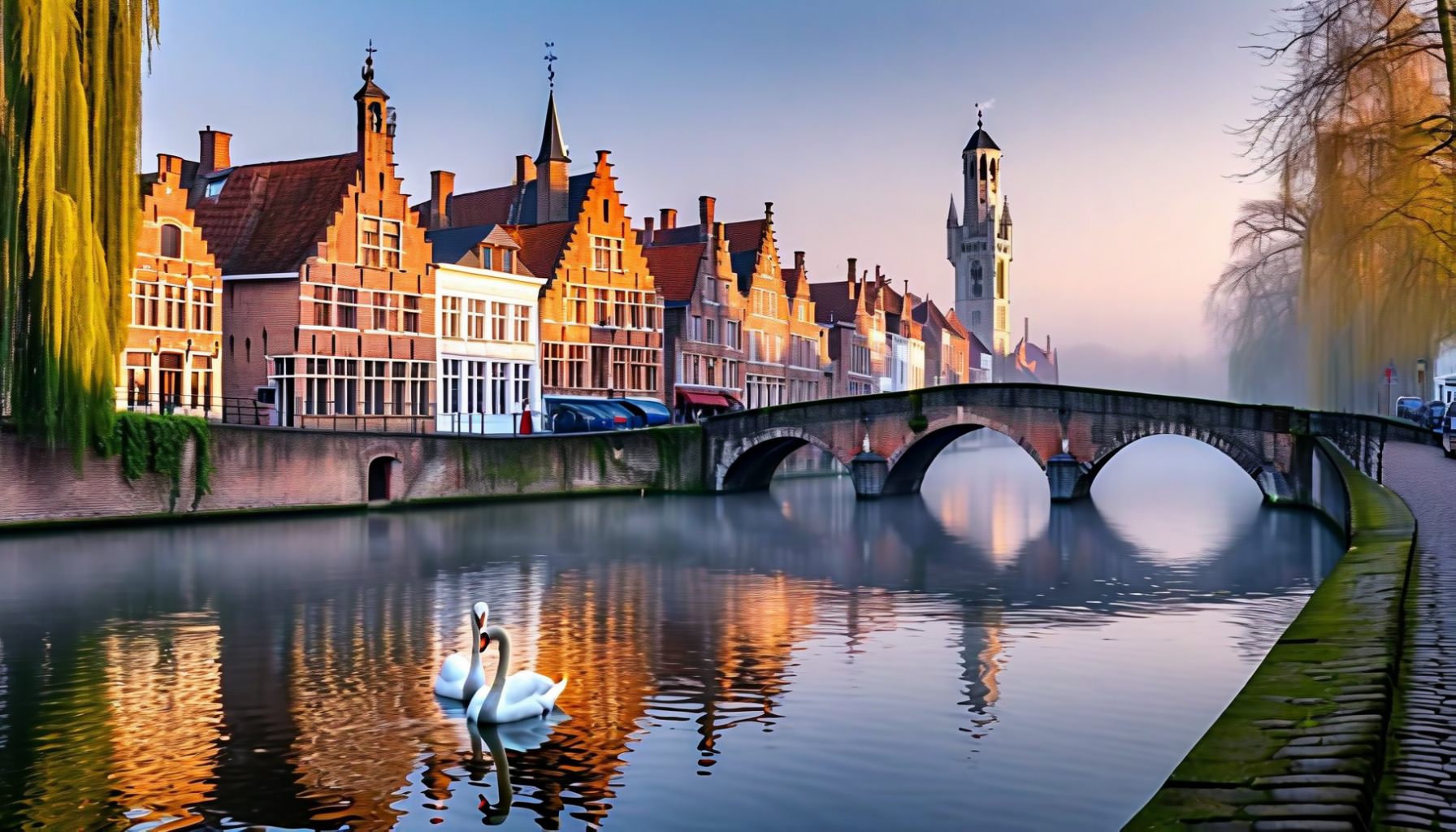 Bruges medieval canals at dawn