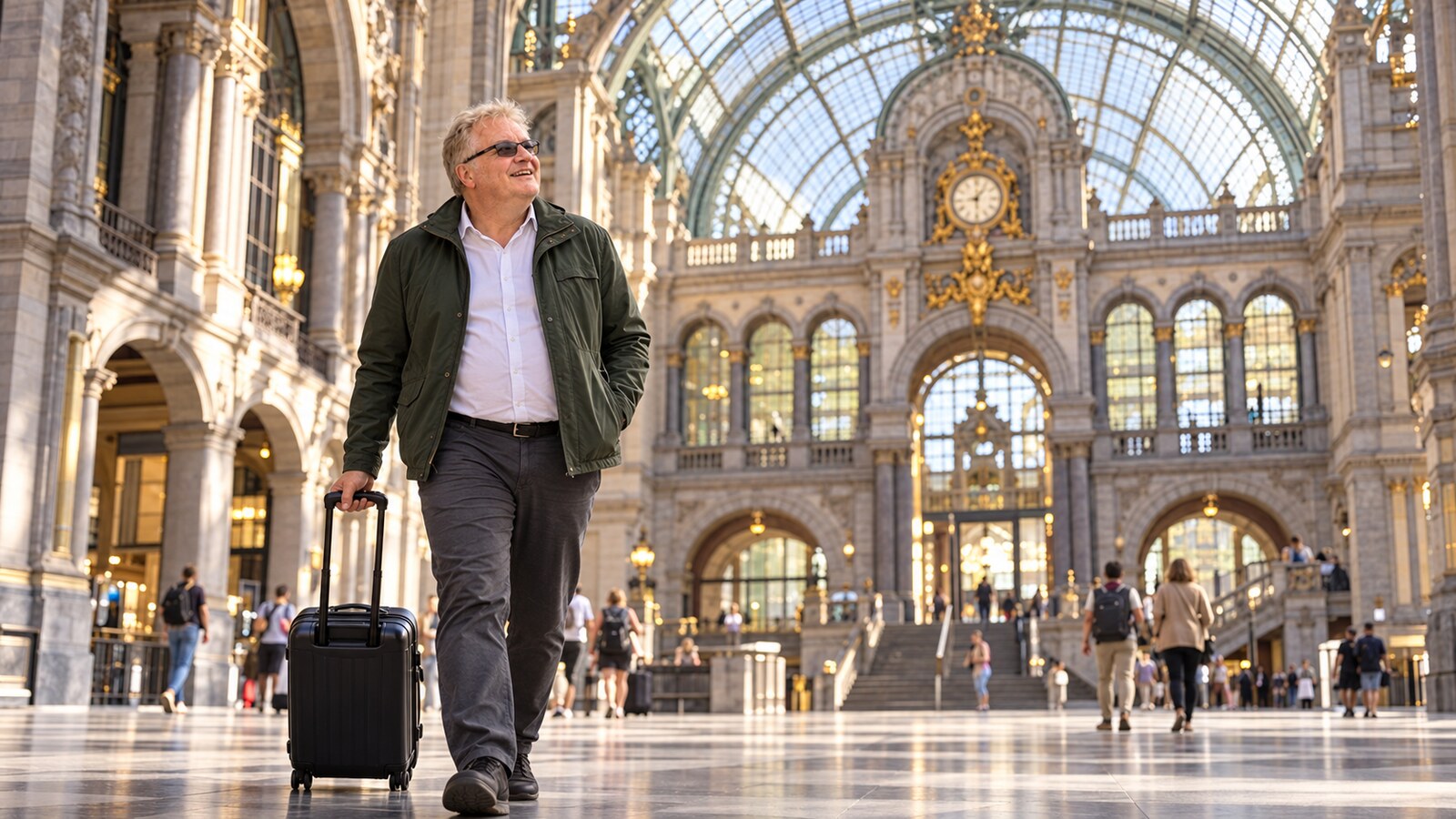 AI editorial illustration of Radim Kaufmann arriving at Antwerp Central Station