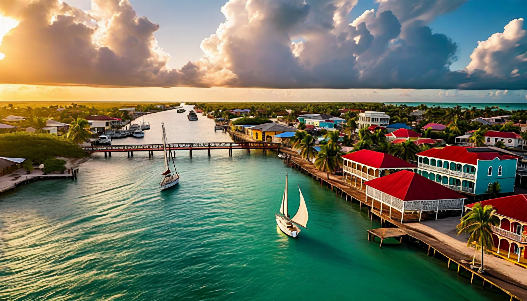 Belize City and the historic Swing Bridge over Haulover Creek