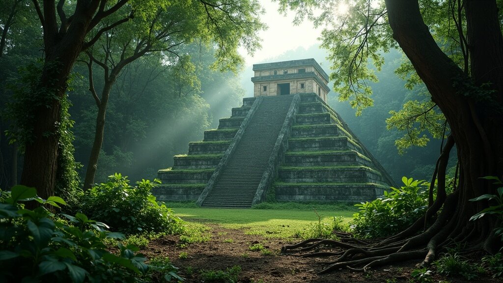 Maya temple emerging from jungle canopy