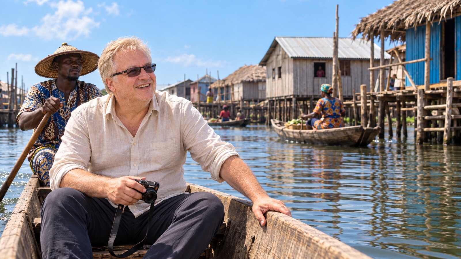 Radim Kaufmann travelling by pirogue through Ganvié on Lake Nokoué, Benin