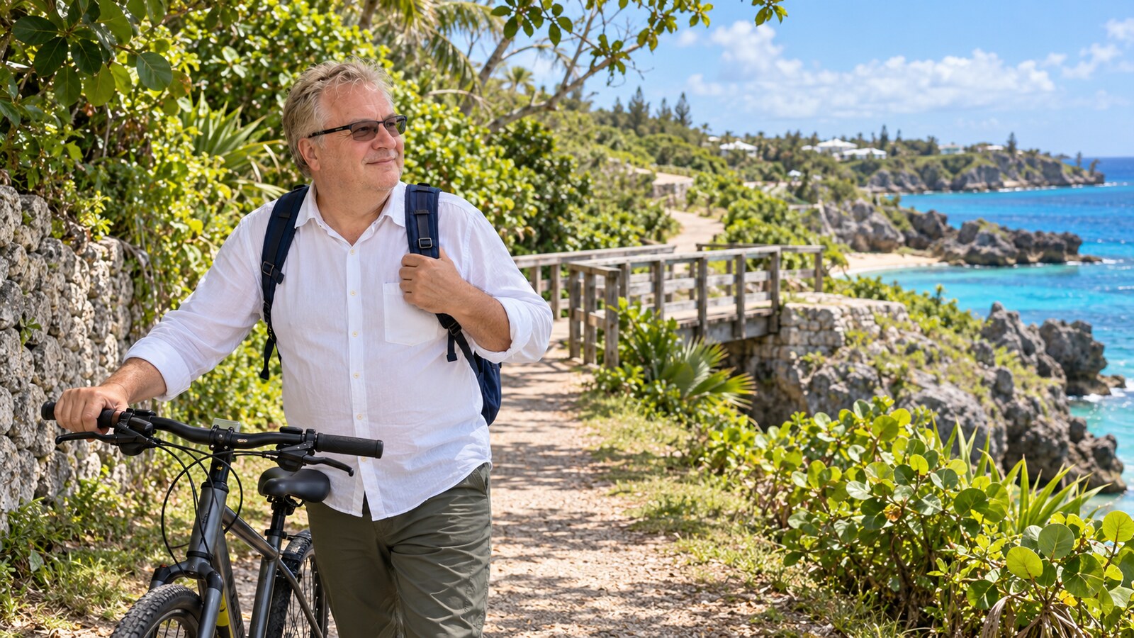 Radim Kaufmann with a bicycle on a leafy coastal section of the Bermuda Railway Trail