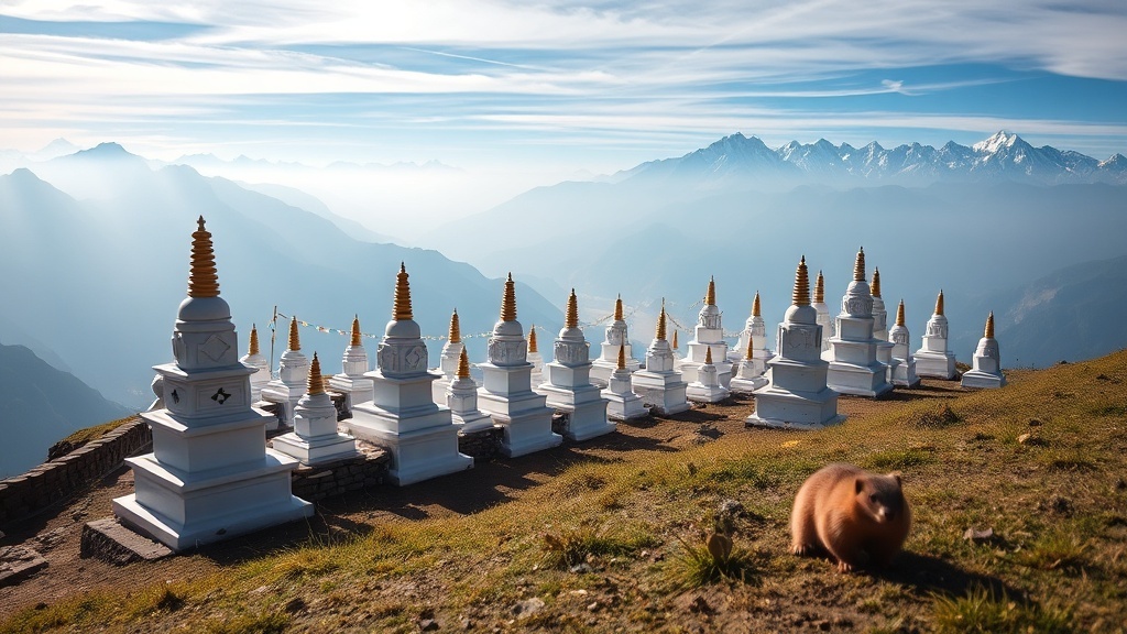 108 stupas at Dochula Pass with Himalayan backdrop