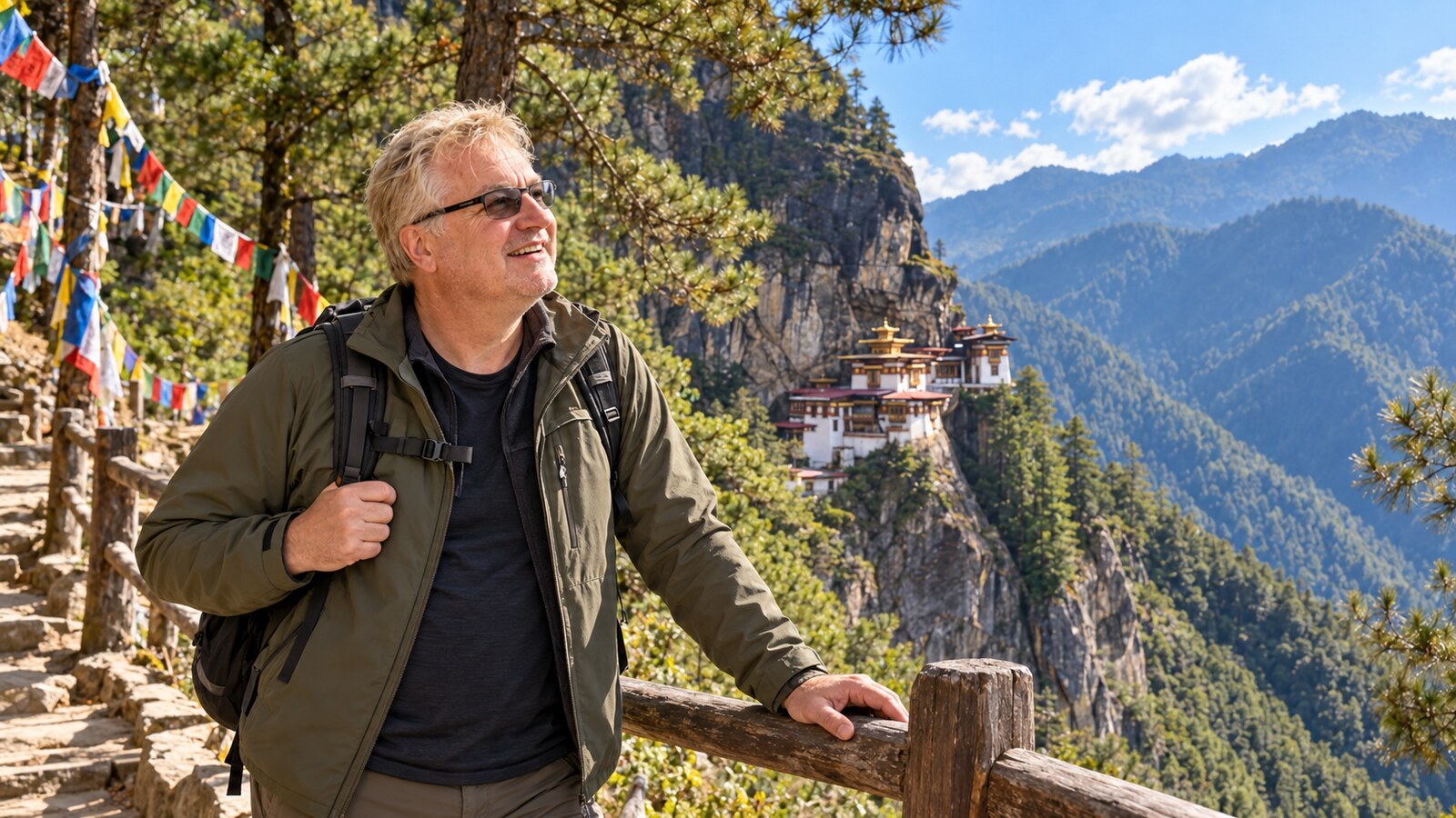 Radim Kaufmann on the public hiking trail overlooking Paro Taktsang in Bhutan