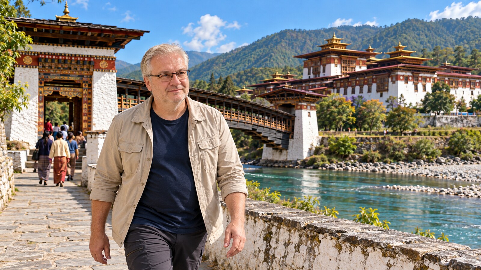 Radim Kaufmann approaching Punakha Dzong beside the Mo Chhu in Bhutan