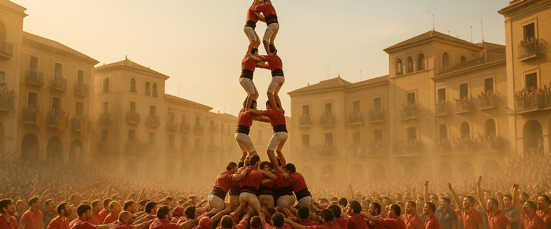 Castellers building a human tower at the Concurs de Castells in Tarragona, Catalonia