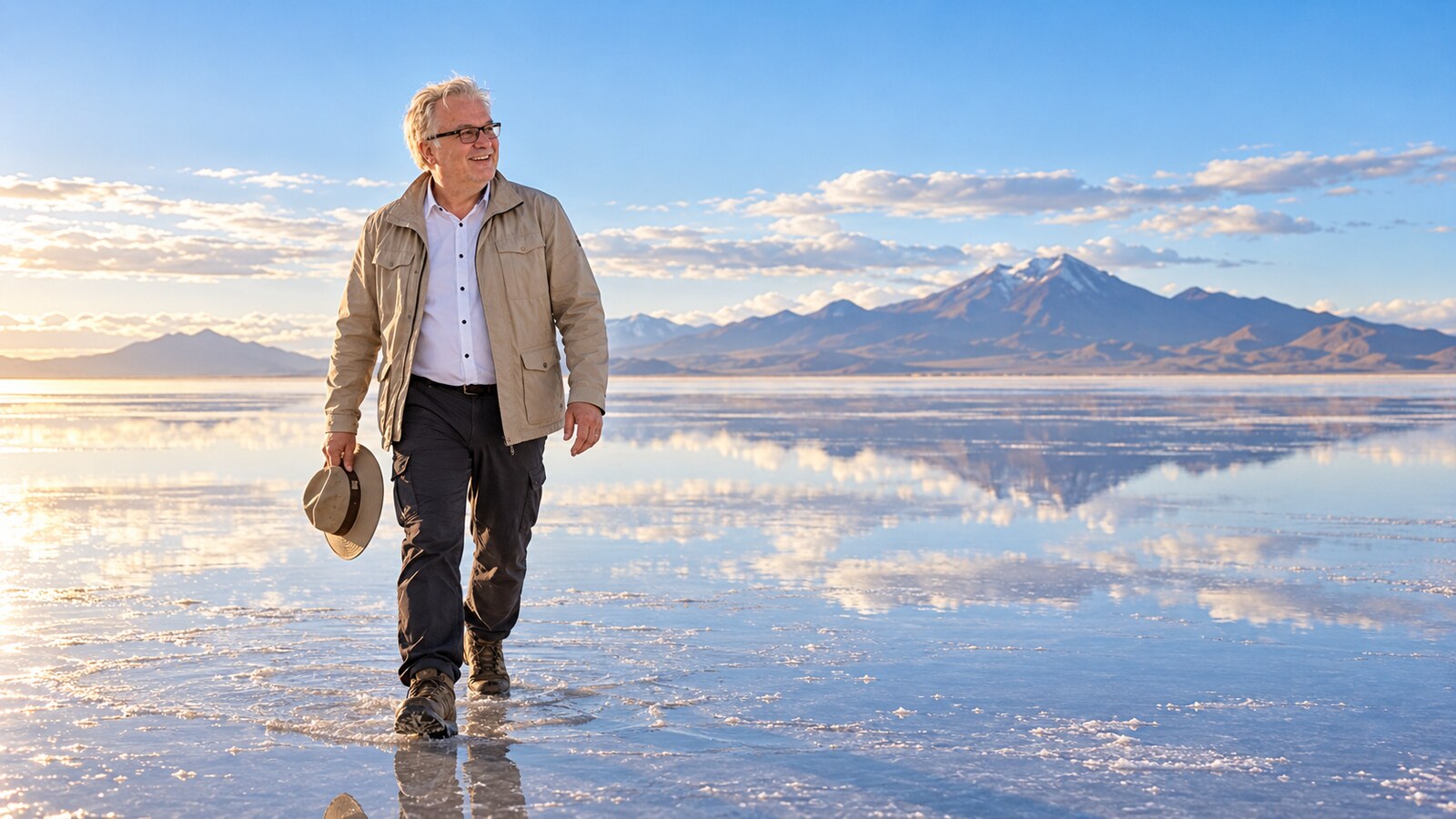 AI-created editorial portrait of Radim Kaufmann walking across the reflective Salar de Uyuni, Bolivia