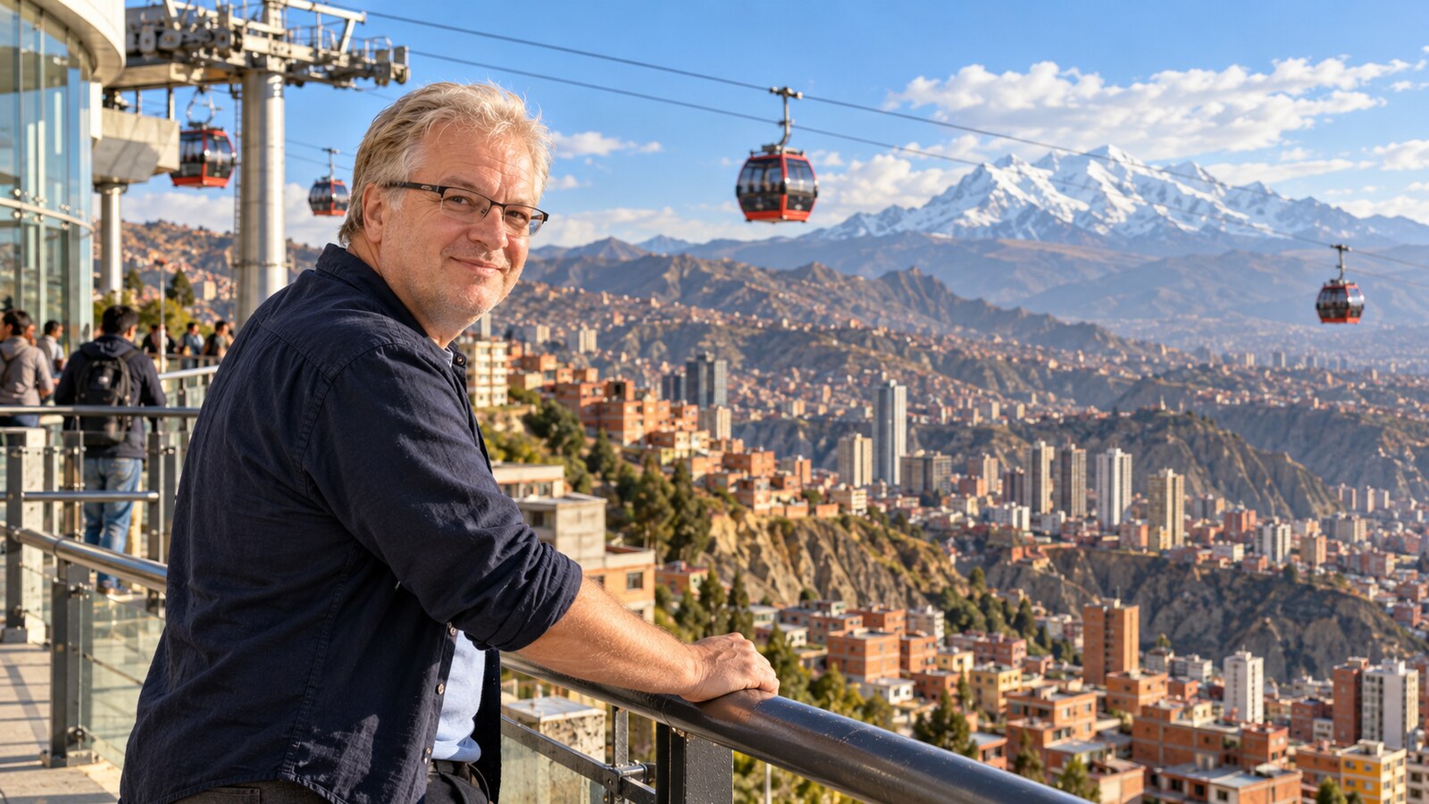AI-created editorial portrait of Radim Kaufmann at a Mi Teleférico viewpoint above La Paz, Bolivia
