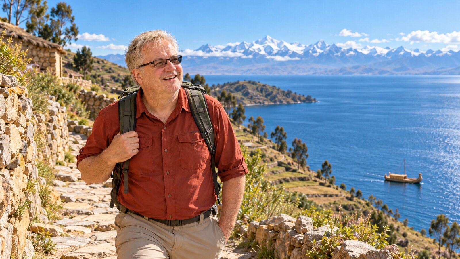 AI-created editorial portrait of Radim Kaufmann hiking on Isla del Sol above Lake Titicaca, Bolivia