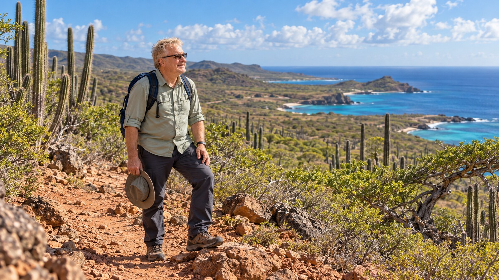 Radim Kaufmann hiking among kadushi cacti above the Caribbean coast in Washington Slagbaai National Park, Bonaire