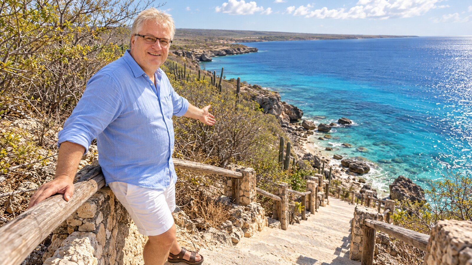 Radim Kaufmann at the 1000 Steps viewpoint above Bonaire's limestone coast and clear Caribbean water