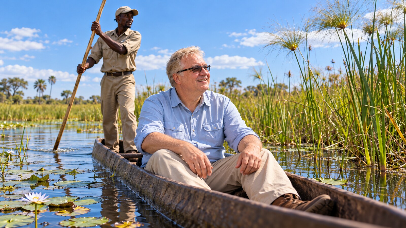Radim Kaufmann travelling by mokoro through a papyrus-lined channel in the Okavango Delta