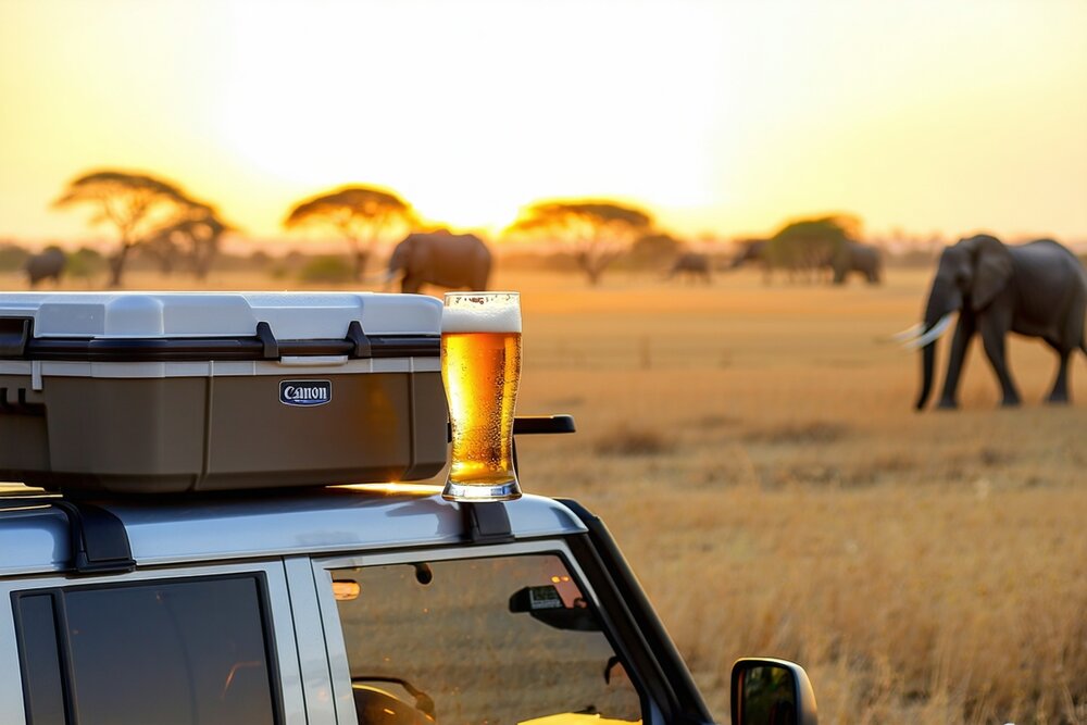 Safari sundowner beer at Okavango Delta sunset