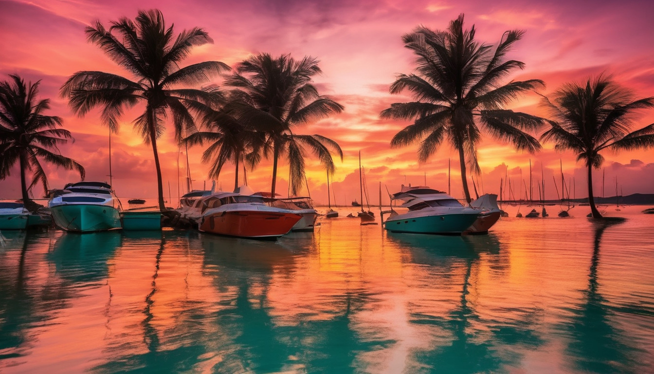 Sunset at Jost Van Dyke with sailboats at anchor