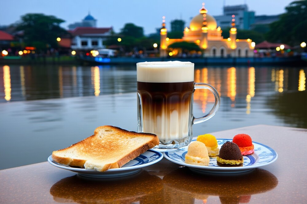 Teh tarik at Brunei night market with Omar Ali Saifuddien Mosque